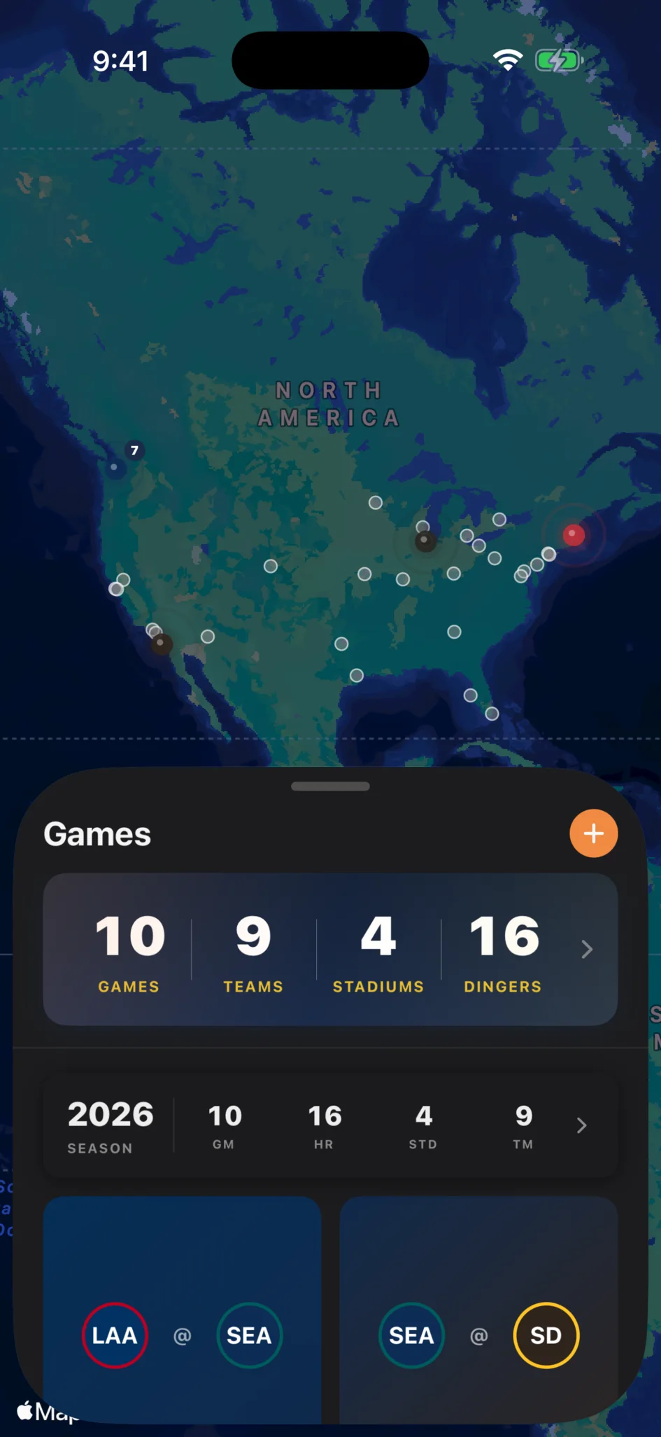 Baseball game tracker app showing a fan's attended games and ballpark map